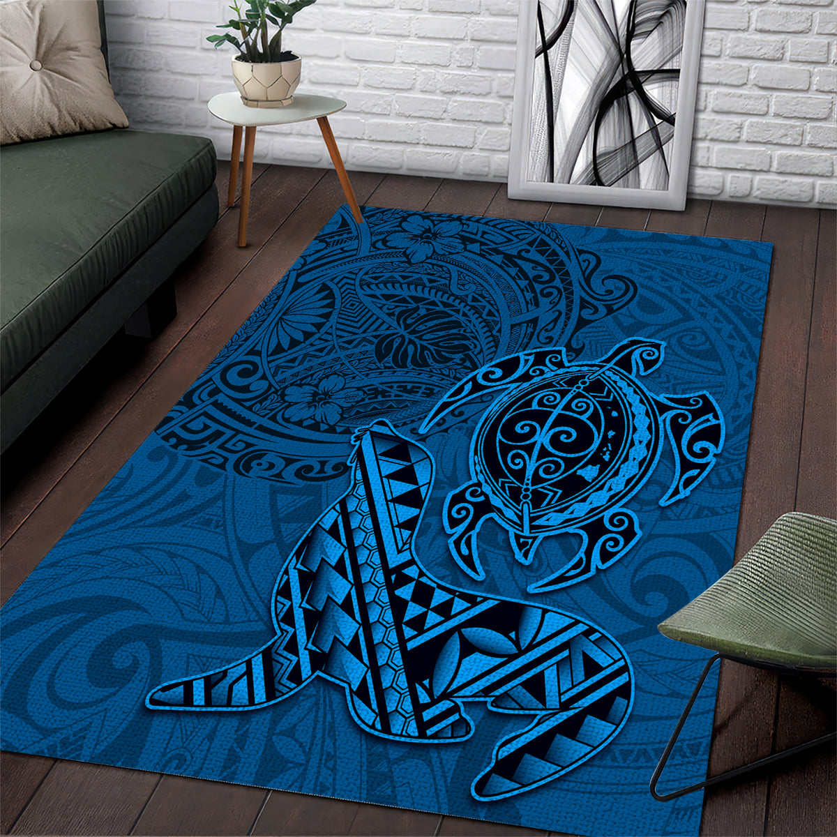 Hawaii Monk Seal and Dolphin Area Rug Polynesian Kakau Pattern Blue LT03 Blue - Polynesian Pride