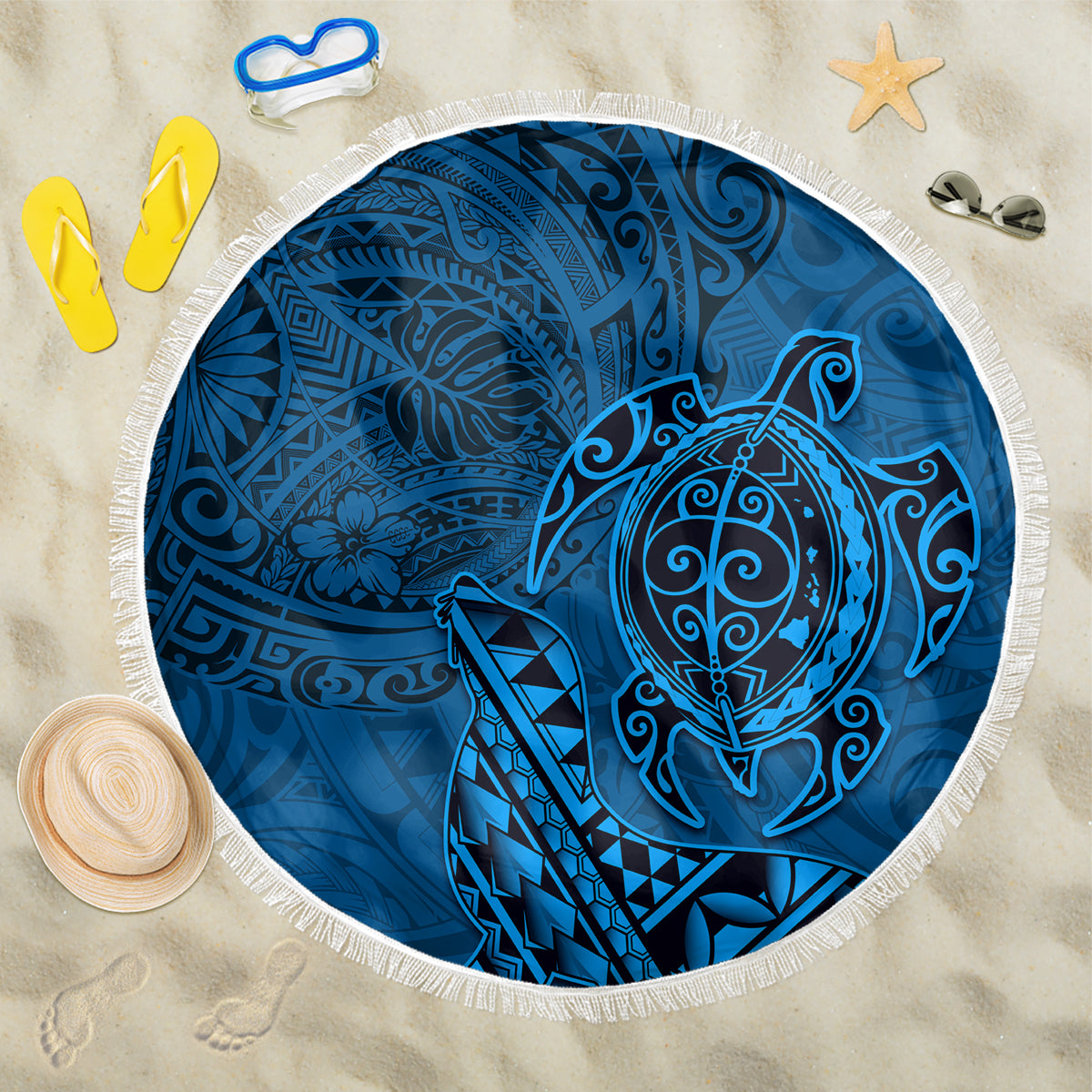 Hawaii Monk Seal and Dolphin Beach Blanket Polynesian Kakau Pattern Blue