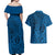 Hawaii Monk Seal and Dolphin Couples Matching Off Shoulder Maxi Dress and Hawaiian Shirt Polynesian Kakau Pattern Blue