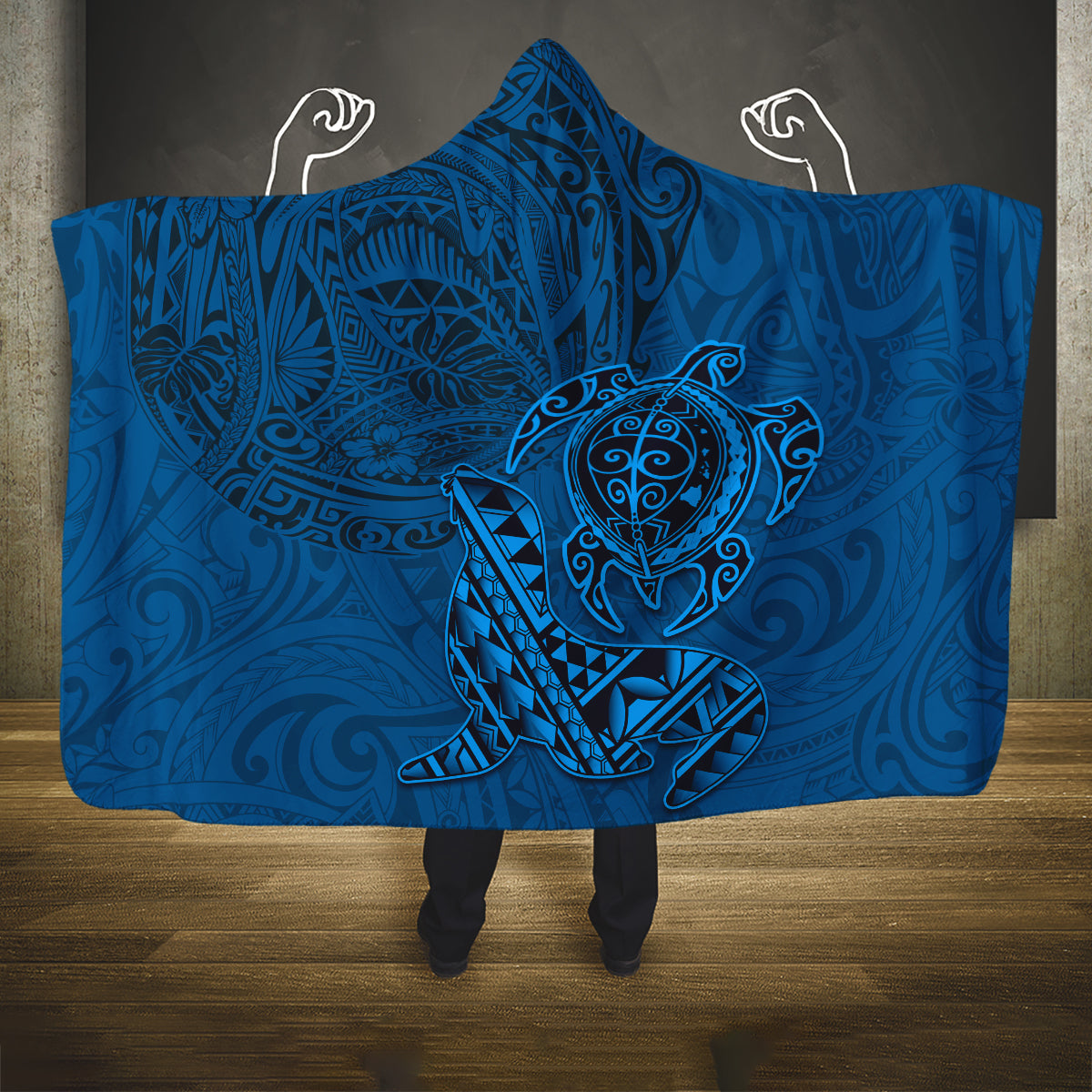Hawaii Monk Seal and Dolphin Hooded Blanket Polynesian Kakau Pattern Blue LT03 One Size Blue - Polynesian Pride