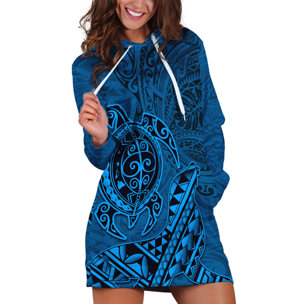 Hawaii Monk Seal and Dolphin Hoodie Dress Polynesian Kakau Pattern Blue LT03 Blue - Polynesian Pride