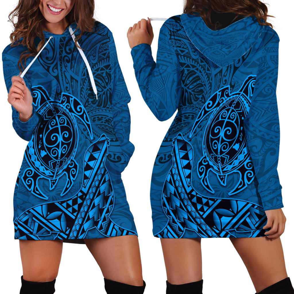 Hawaii Monk Seal and Dolphin Hoodie Dress Polynesian Kakau Pattern Blue LT03 - Polynesian Pride