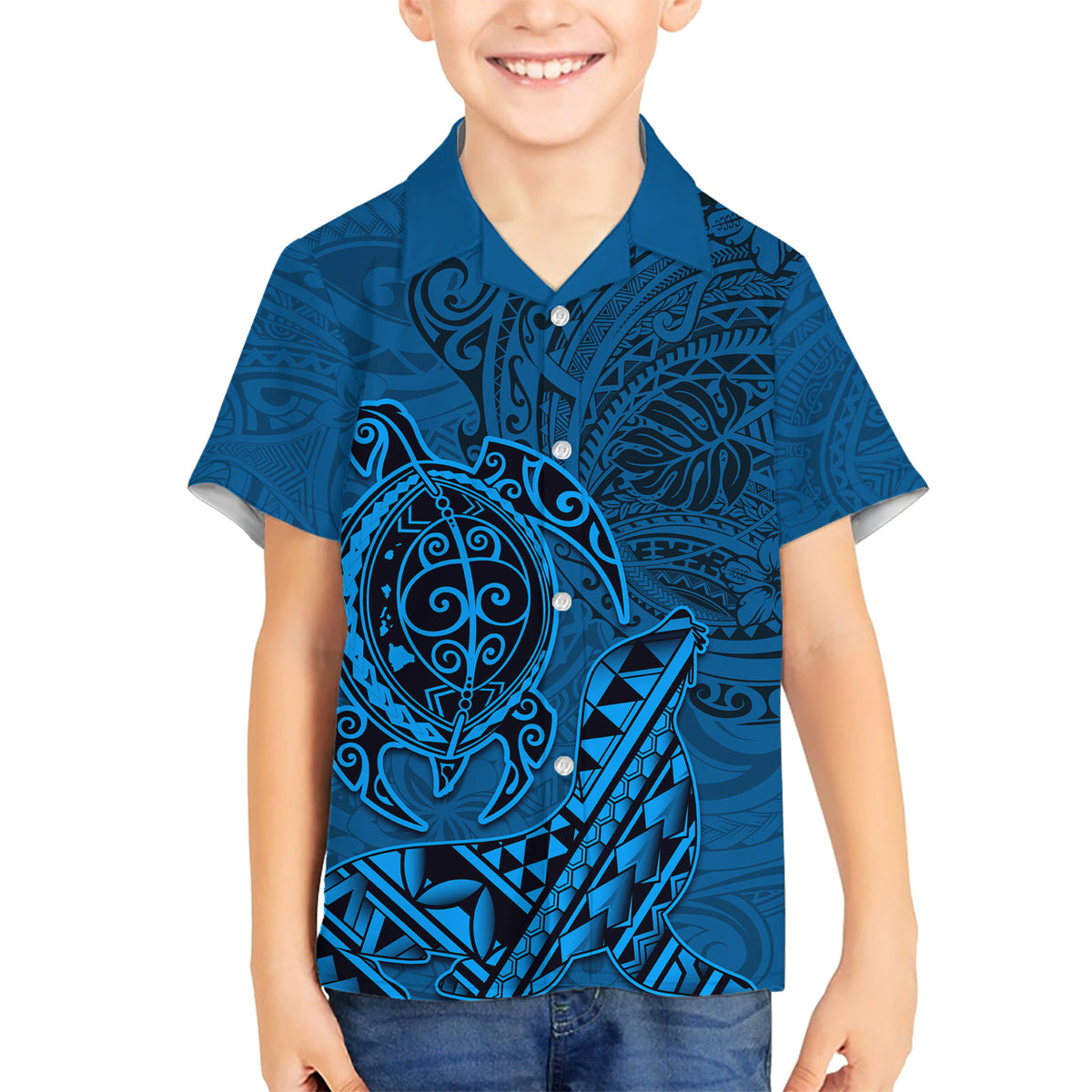 Hawaii Monk Seal and Dolphin Kid Hawaiian Shirt Polynesian Kakau Pattern Blue LT03 Kid Blue - Polynesian Pride