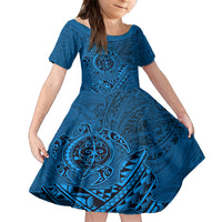 Hawaii Monk Seal and Dolphin Kid Short Sleeve Dress Polynesian Kakau Pattern Blue LT03 KID Blue - Polynesian Pride