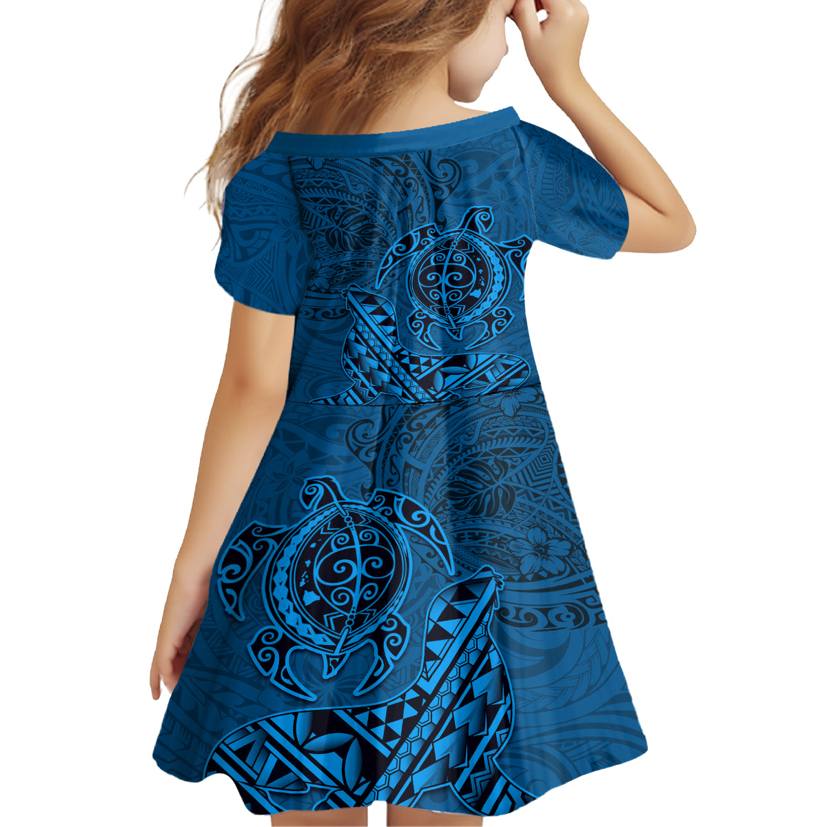 Hawaii Monk Seal and Dolphin Kid Short Sleeve Dress Polynesian Kakau Pattern Blue LT03 - Polynesian Pride