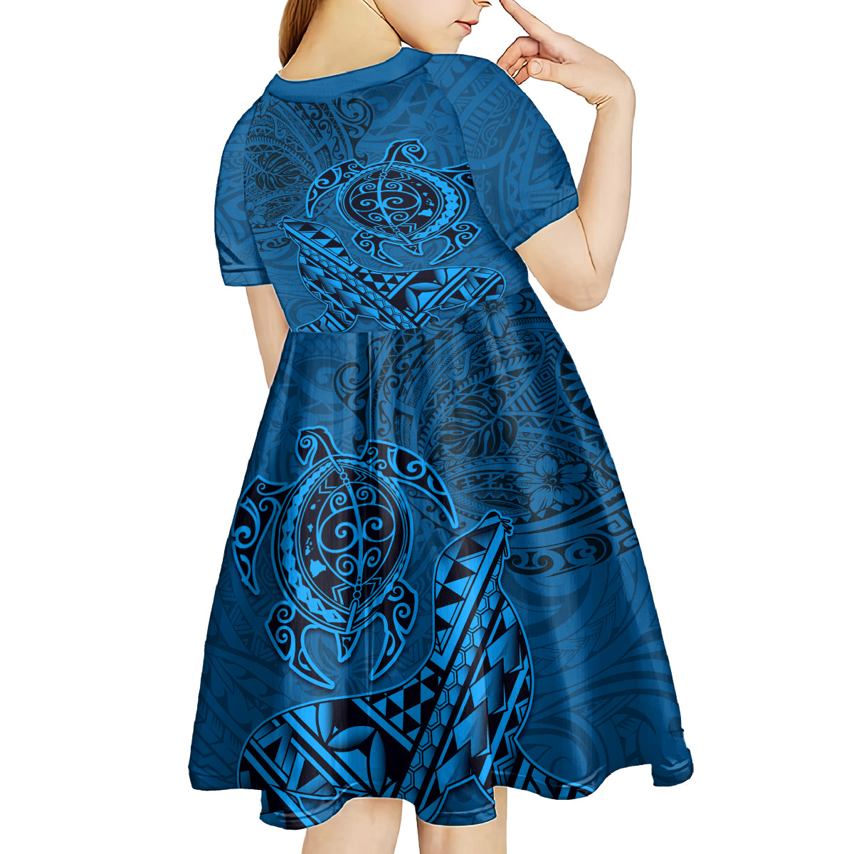 Hawaii Monk Seal and Dolphin Kid Short Sleeve Dress Polynesian Kakau Pattern Blue LT03 - Polynesian Pride