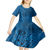 Hawaii Monk Seal and Dolphin Kid Short Sleeve Dress Polynesian Kakau Pattern Blue LT03 - Polynesian Pride