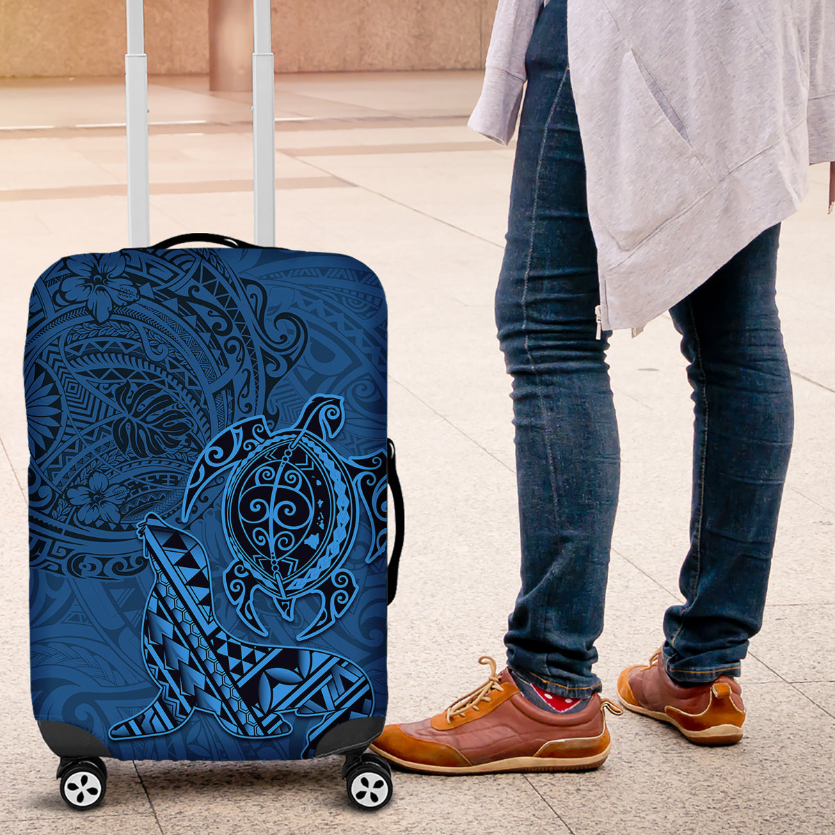 Hawaii Monk Seal and Dolphin Luggage Cover Polynesian Kakau Pattern Blue LT03 Blue - Polynesian Pride