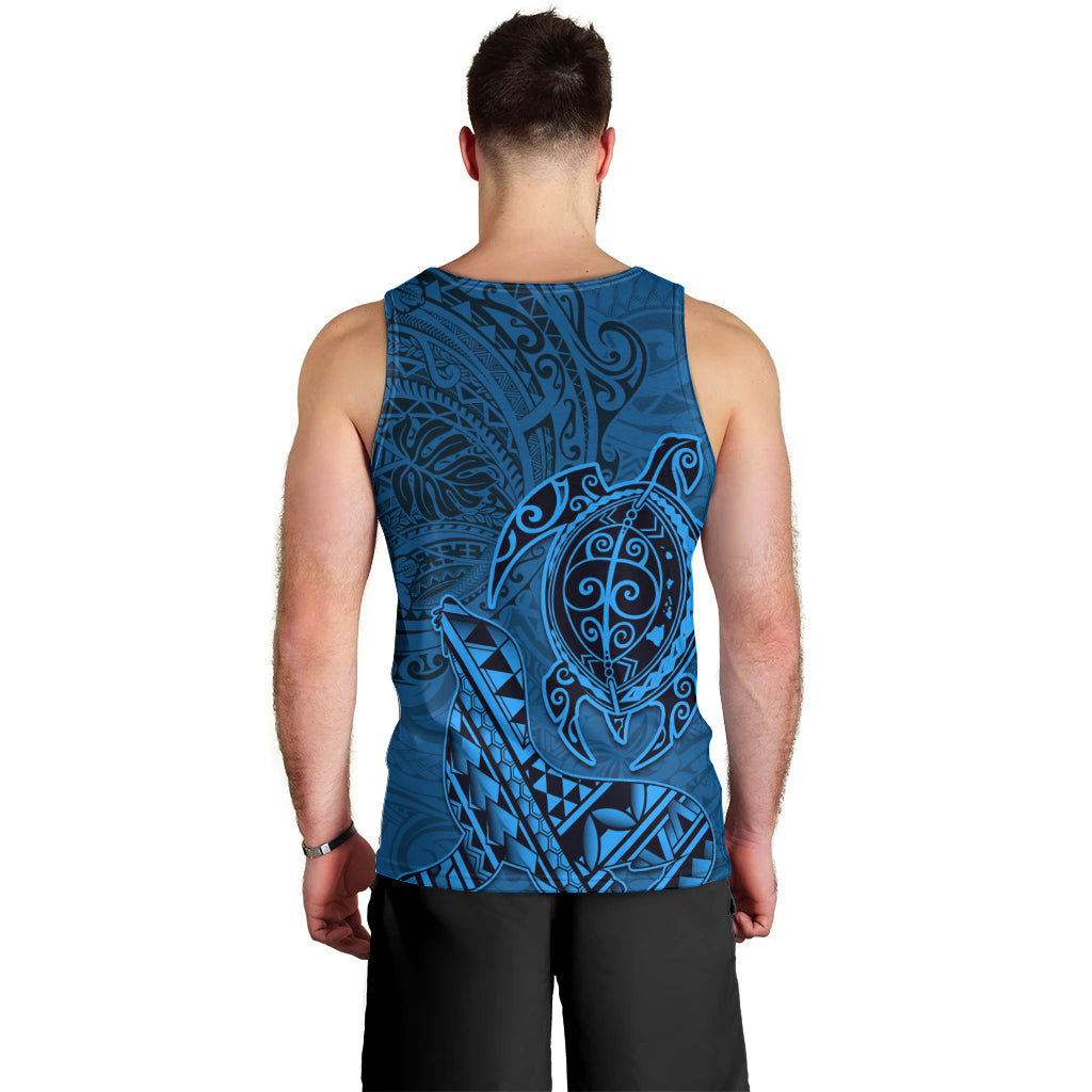 Hawaii Monk Seal and Dolphin Men Tank Top Polynesian Kakau Pattern Blue LT03 - Polynesian Pride