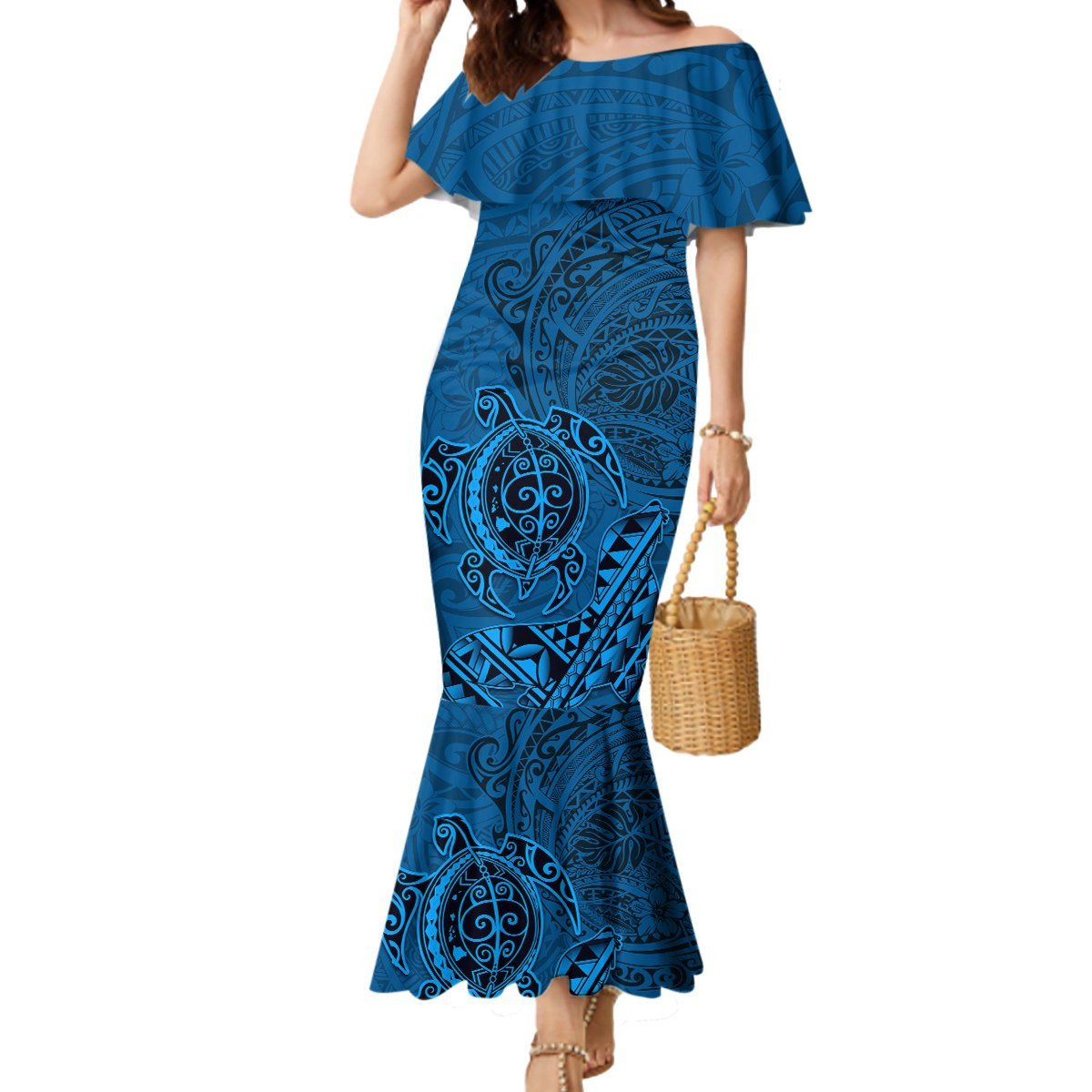 Hawaii Monk Seal and Dolphin Mermaid Dress Polynesian Kakau Pattern Blue LT03 Women Blue - Polynesian Pride