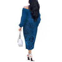 Hawaii Monk Seal and Dolphin Off The Shoulder Long Sleeve Dress Polynesian Kakau Pattern Blue LT03 - Polynesian Pride