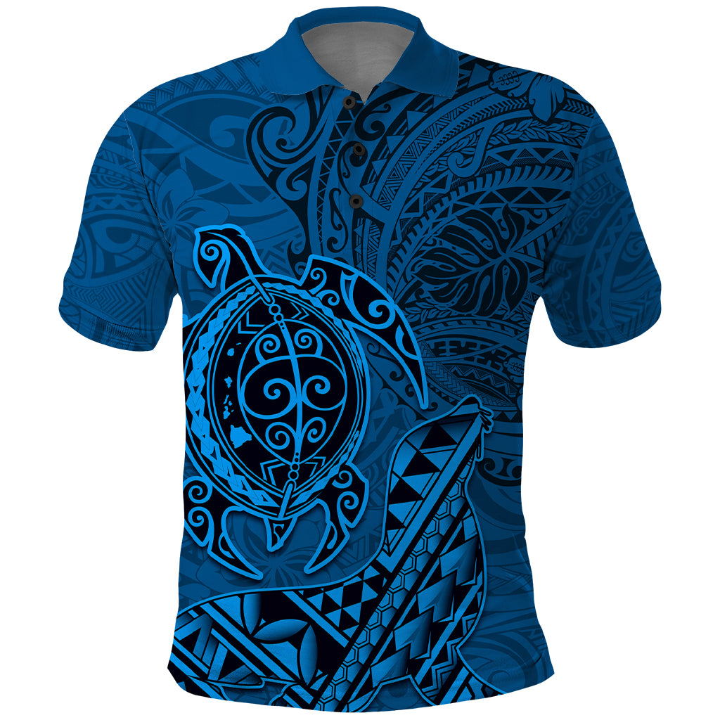 Hawaii Monk Seal and Dolphin Polo Shirt Polynesian Kakau Pattern Blue