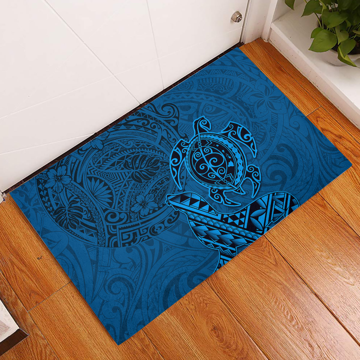 Hawaii Monk Seal and Dolphin Rubber Doormat Polynesian Kakau Pattern Blue LT03 Blue - Polynesian Pride