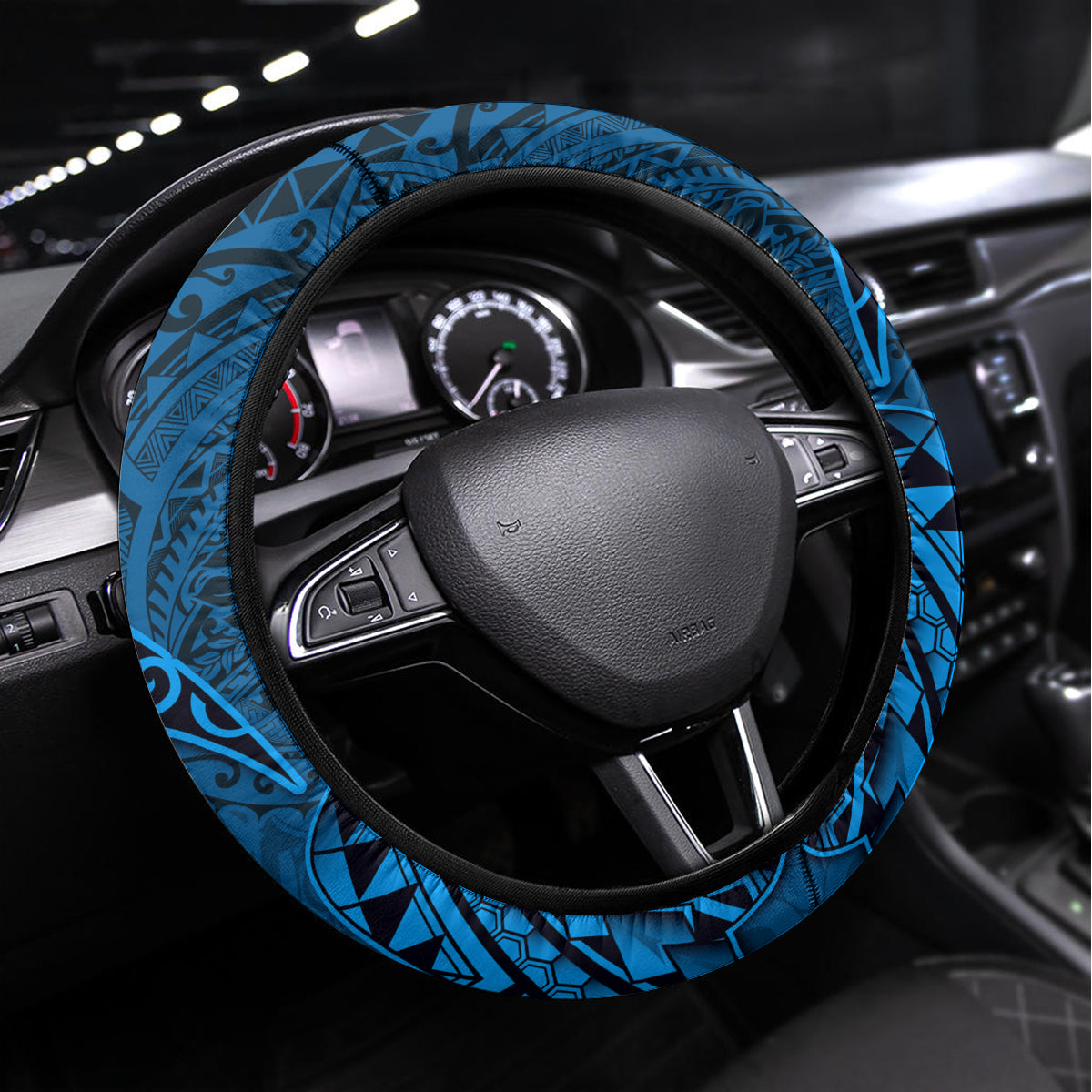 Hawaii Monk Seal and Dolphin Steering Wheel Cover Polynesian Kakau Pattern Blue