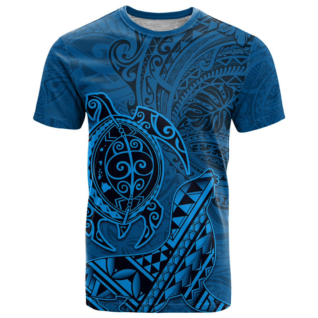 Hawaii Monk Seal and Dolphin T Shirt Polynesian Kakau Pattern Blue LT03 Blue - Polynesian Pride