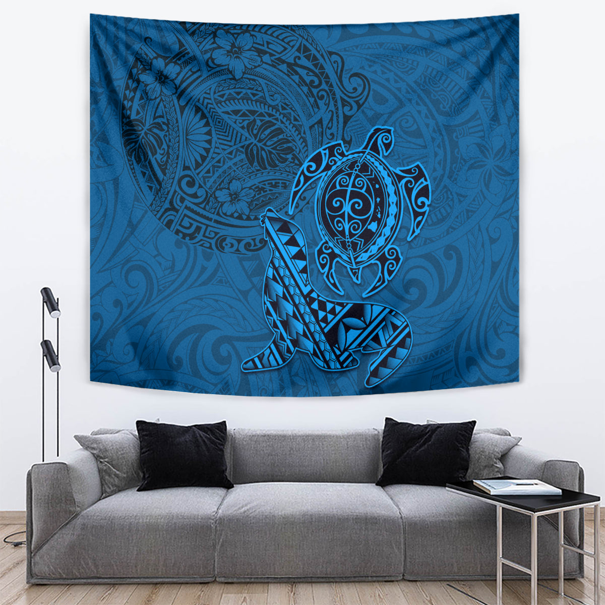 Hawaii Monk Seal and Dolphin Tapestry Polynesian Kakau Pattern Blue LT03 Blue - Polynesian Pride