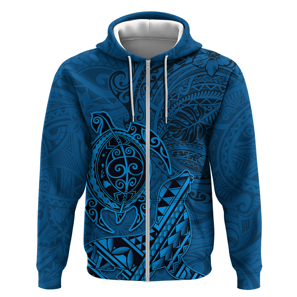 Hawaii Monk Seal and Dolphin Zip Hoodie Polynesian Kakau Pattern Blue LT03 Zip Hoodie Blue - Polynesian Pride