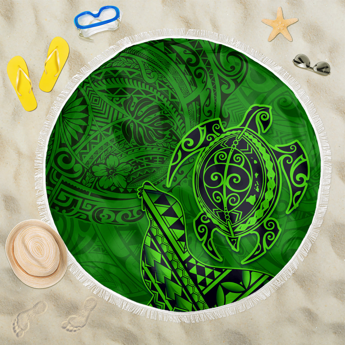 Hawaii Monk Seal and Dolphin Beach Blanket Polynesian Kakau Pattern Green