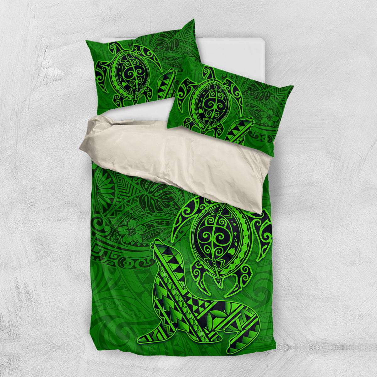 Hawaii Monk Seal and Dolphin Bedding Set Polynesian Kakau Pattern Green LT03 US Twin 172cm x 218cm Green - Polynesian Pride