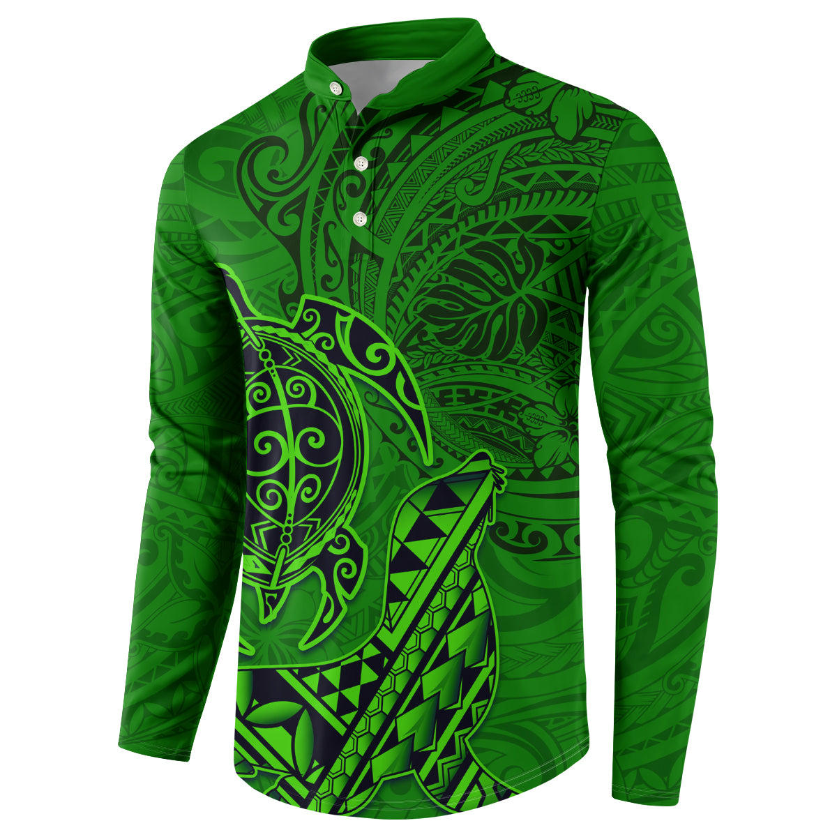 Hawaii Monk Seal and Dolphin Button Sweatshirt Polynesian Kakau Pattern Green LT03 - Polynesian Pride