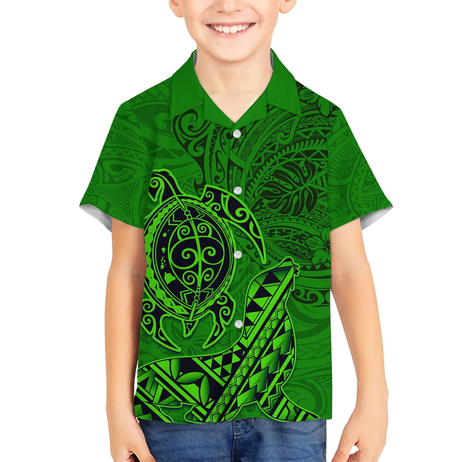 Hawaii Monk Seal and Dolphin Kid Hawaiian Shirt Polynesian Kakau Pattern Green LT03 Kid Green - Polynesian Pride