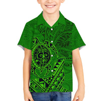 Hawaii Monk Seal and Dolphin Kid Hawaiian Shirt Polynesian Kakau Pattern Green LT03 Kid Green - Polynesian Pride