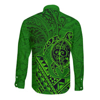 Hawaii Monk Seal and Dolphin Long Sleeve Button Shirt Polynesian Kakau Pattern Green LT03 - Polynesian Pride