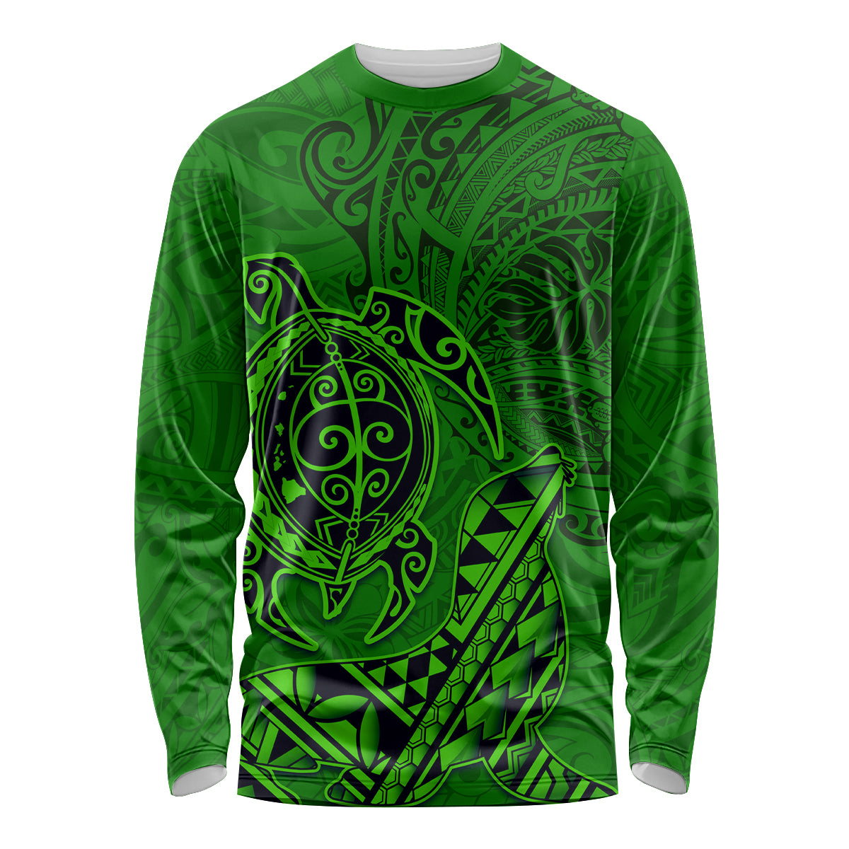 Hawaii Monk Seal and Dolphin Long Sleeve Shirt Polynesian Kakau Pattern Green LT03 Unisex Green - Polynesian Pride