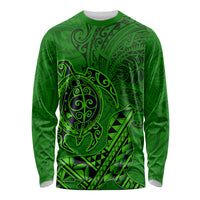 Hawaii Monk Seal and Dolphin Long Sleeve Shirt Polynesian Kakau Pattern Green LT03 Unisex Green - Polynesian Pride