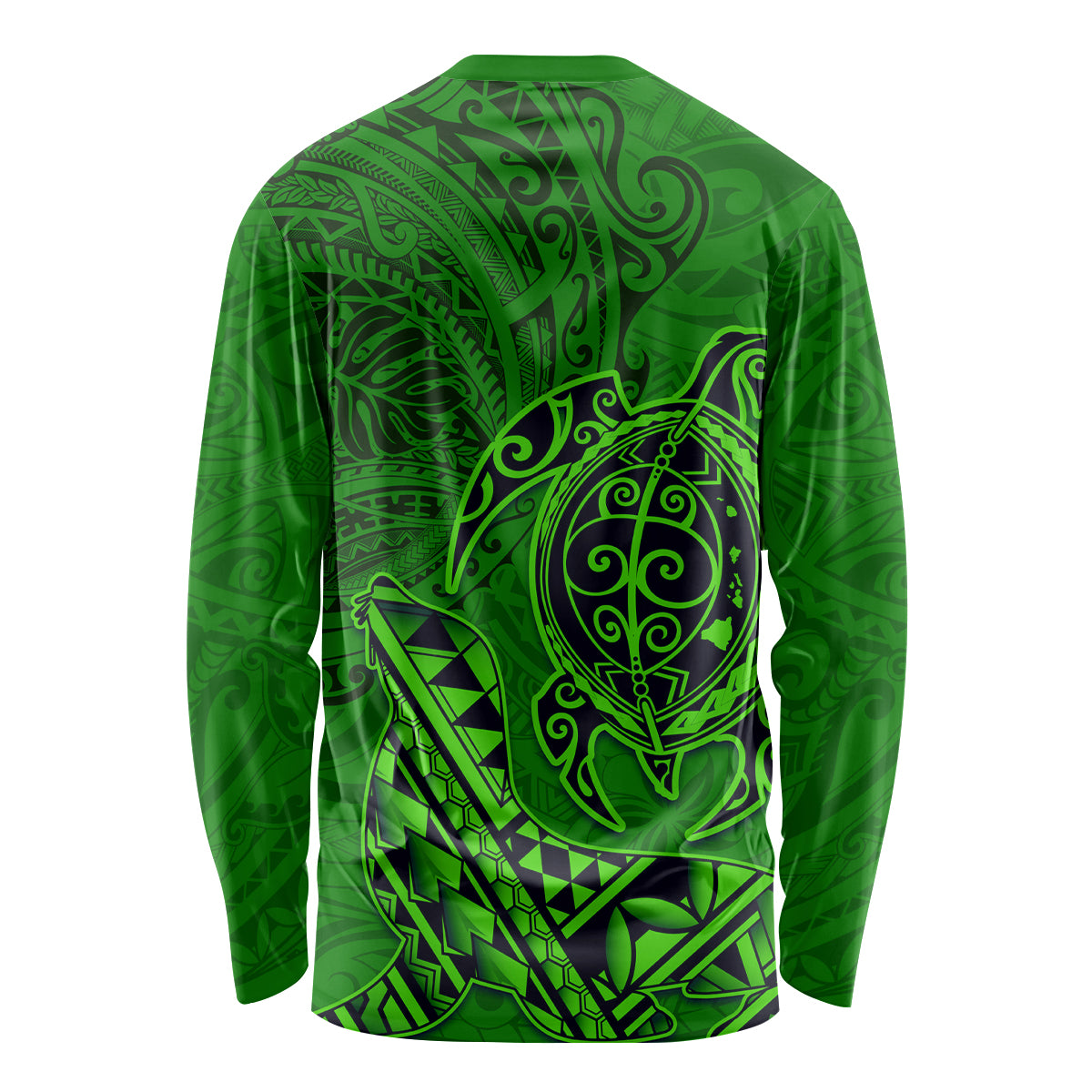 Hawaii Monk Seal and Dolphin Long Sleeve Shirt Polynesian Kakau Pattern Green LT03 - Polynesian Pride
