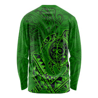 Hawaii Monk Seal and Dolphin Long Sleeve Shirt Polynesian Kakau Pattern Green LT03 - Polynesian Pride