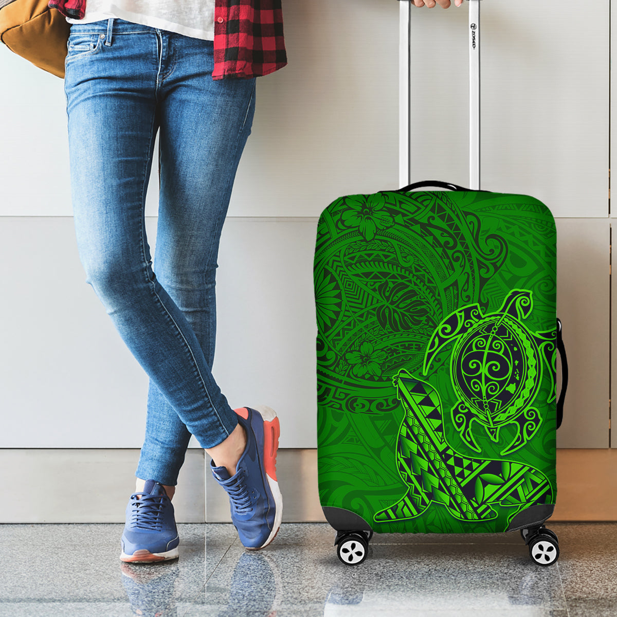 Hawaii Monk Seal and Dolphin Luggage Cover Polynesian Kakau Pattern Green LT03 - Polynesian Pride