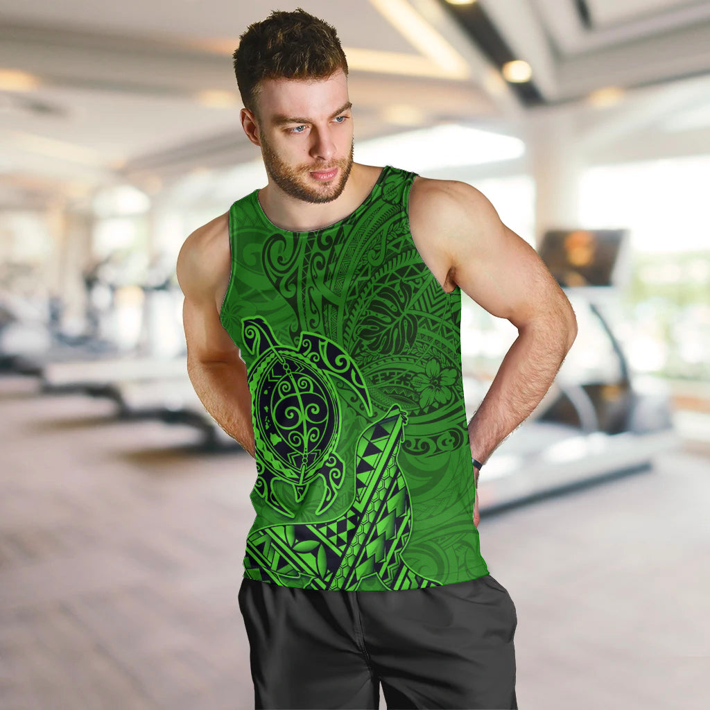 Hawaii Monk Seal and Dolphin Men Tank Top Polynesian Kakau Pattern Green LT03 Green - Polynesian Pride