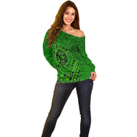 Hawaii Monk Seal and Dolphin Off Shoulder Sweater Polynesian Kakau Pattern Green LT03 - Polynesian Pride