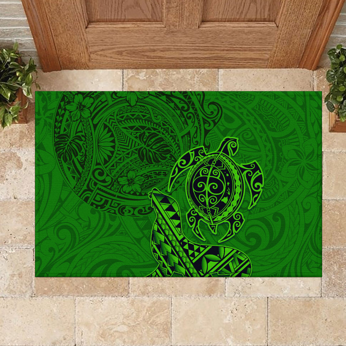Hawaii Monk Seal and Dolphin Rubber Doormat Polynesian Kakau Pattern Green LT03 - Polynesian Pride