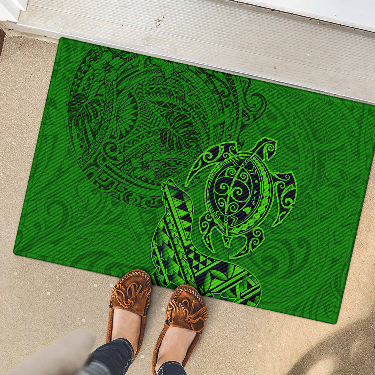 Hawaii Monk Seal and Dolphin Rubber Doormat Polynesian Kakau Pattern Green LT03 - Polynesian Pride