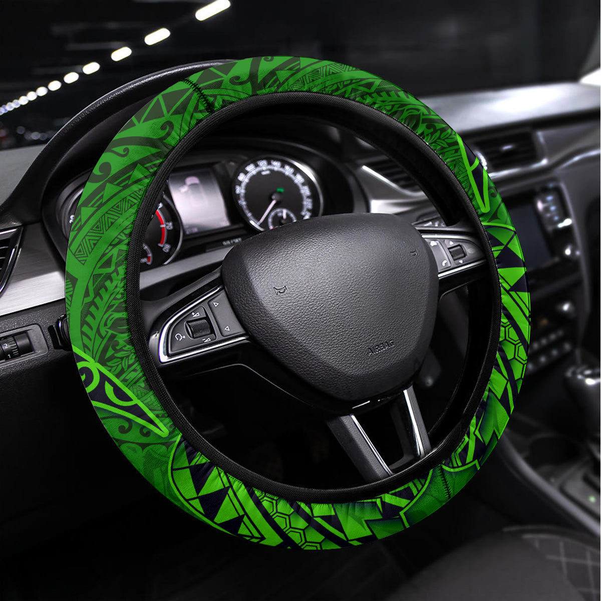Hawaii Monk Seal and Dolphin Steering Wheel Cover Polynesian Kakau Pattern Green LT03 Universal Fit Green - Polynesian Pride