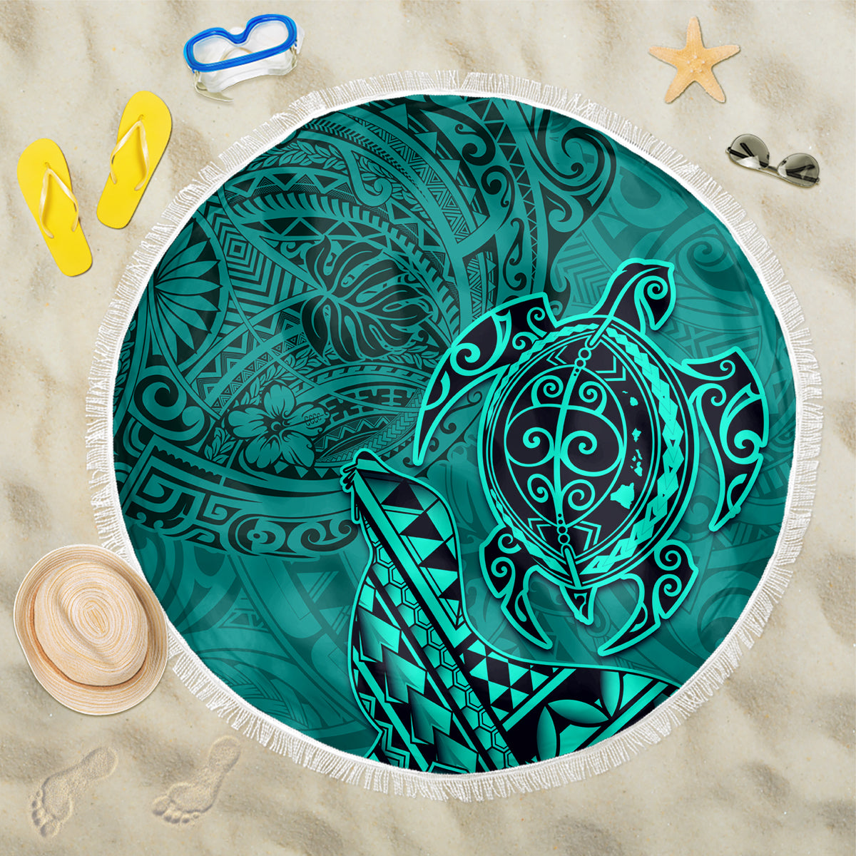 Hawaii Monk Seal and Dolphin Beach Blanket Polynesian Kakau Pattern Turquoise
