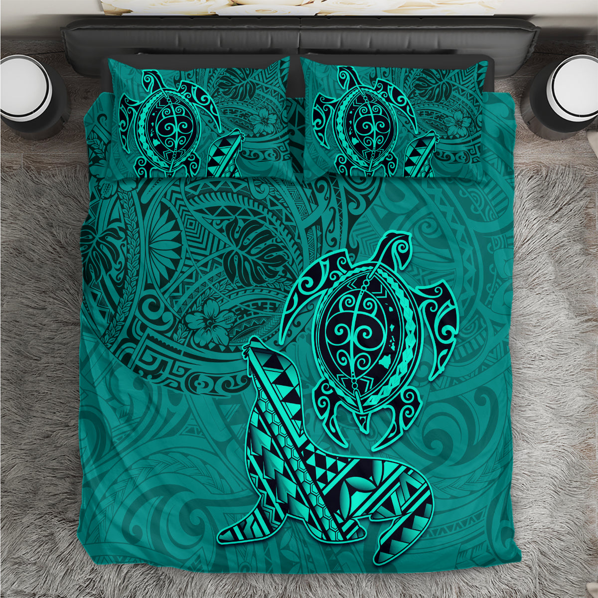 Hawaii Monk Seal and Dolphin Bedding Set Polynesian Kakau Pattern Turquoise LT03 Turquoise - Polynesian Pride