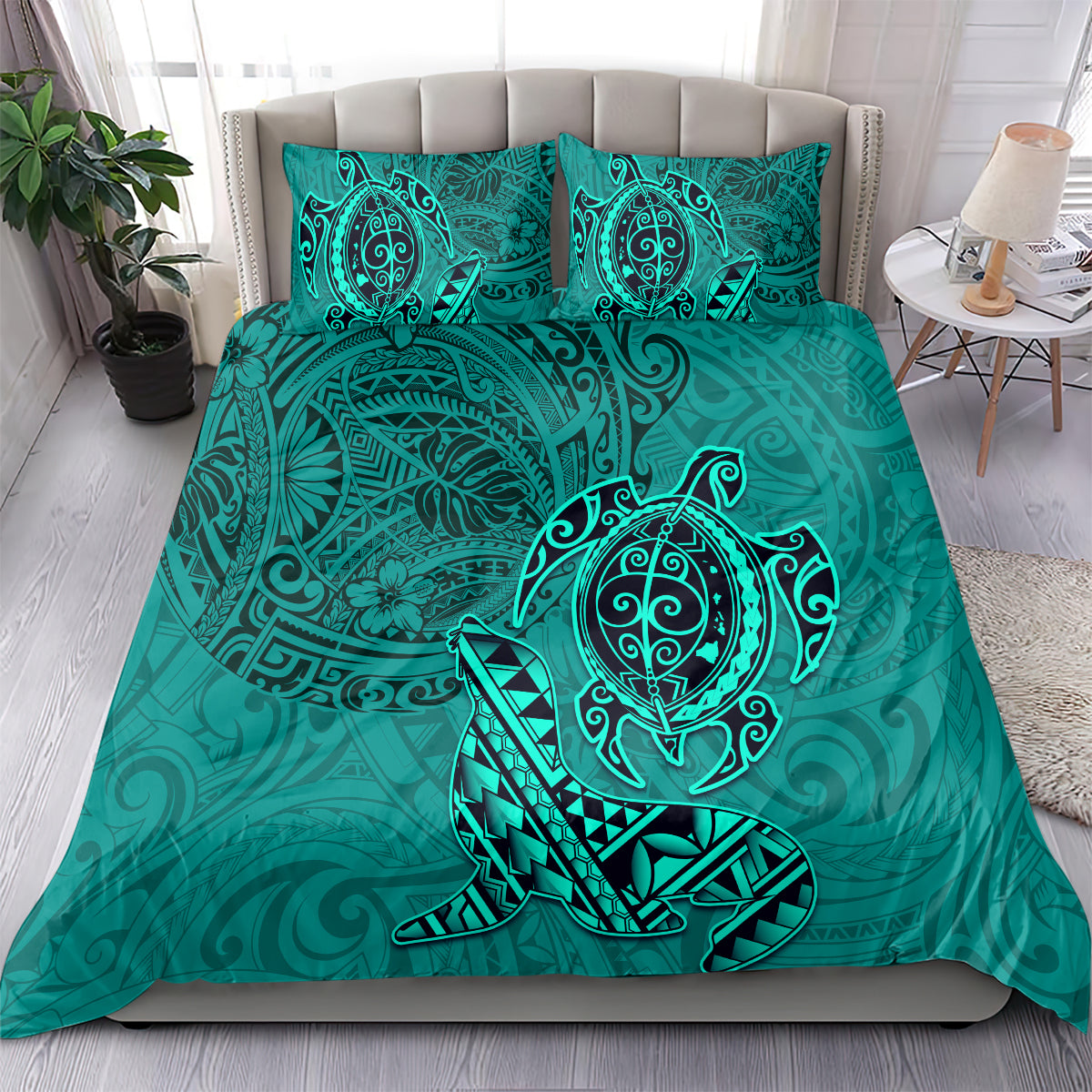 Hawaii Monk Seal and Dolphin Bedding Set Polynesian Kakau Pattern Turquoise LT03 - Polynesian Pride