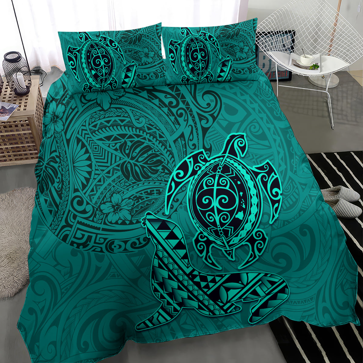 Hawaii Monk Seal and Dolphin Bedding Set Polynesian Kakau Pattern Turquoise LT03 - Polynesian Pride