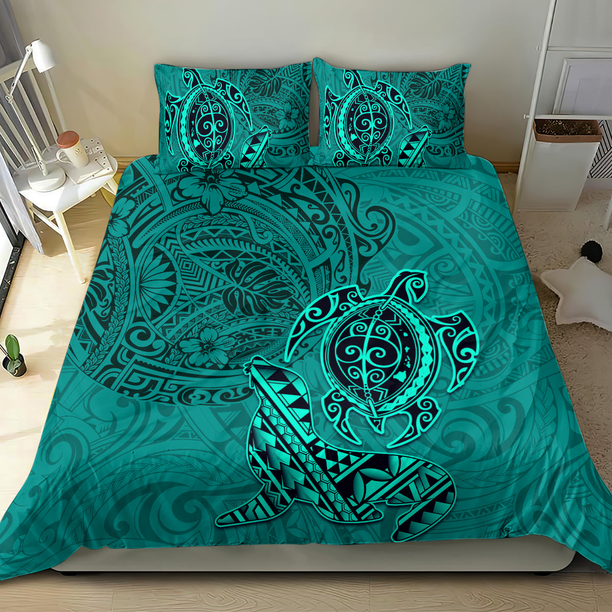 Hawaii Monk Seal and Dolphin Bedding Set Polynesian Kakau Pattern Turquoise LT03 - Polynesian Pride