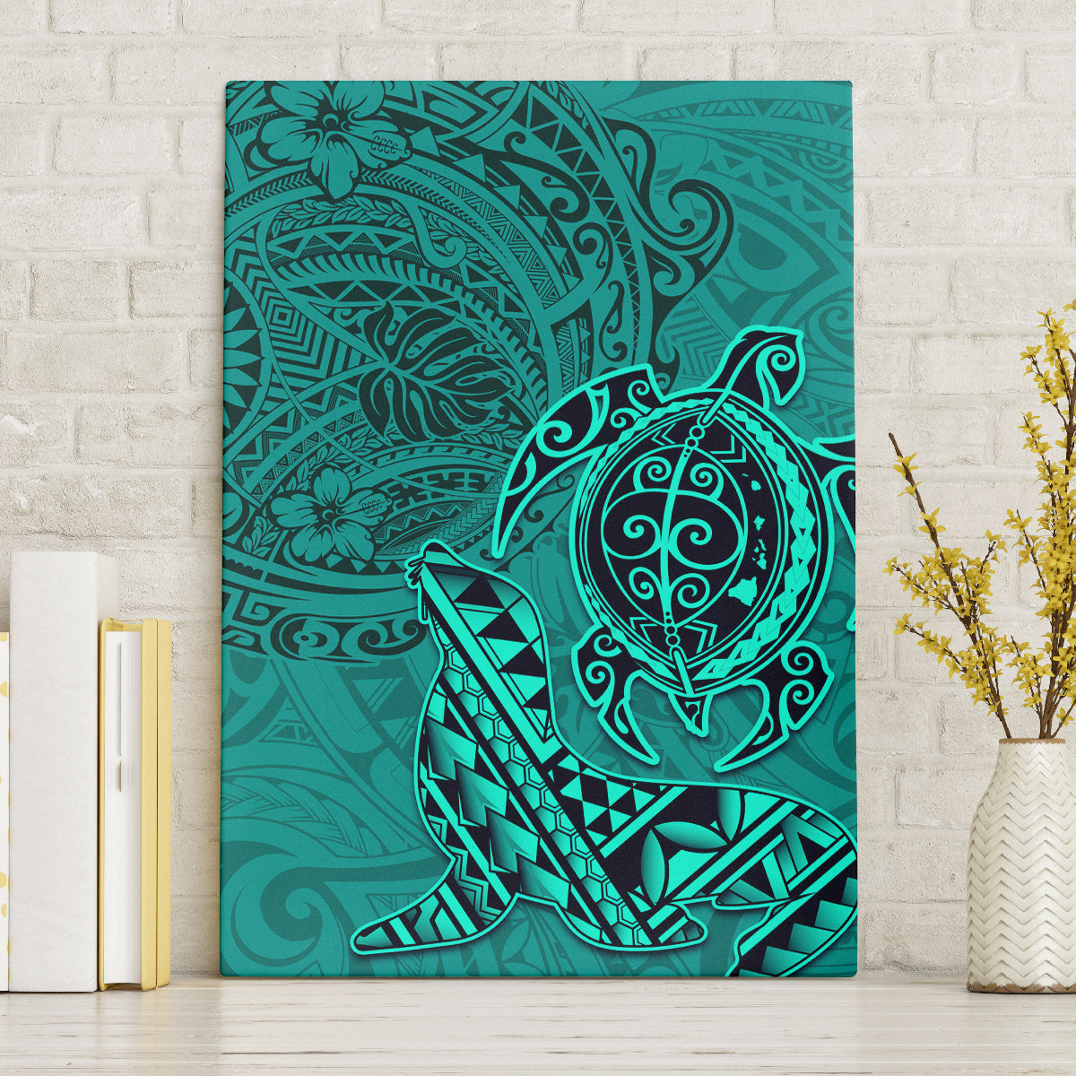Hawaii Monk Seal and Dolphin Canvas Wall Art Polynesian Kakau Pattern Turquoise LT03 Without Frame Turquoise - Polynesian Pride