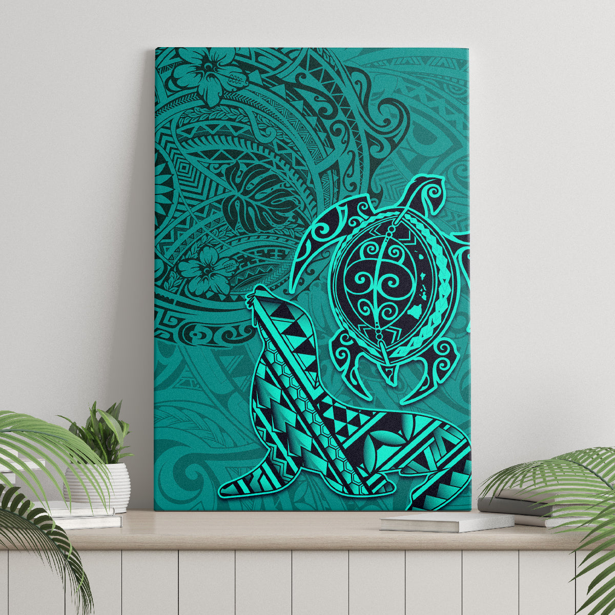 Hawaii Monk Seal and Dolphin Canvas Wall Art Polynesian Kakau Pattern Turquoise LT03 - Polynesian Pride