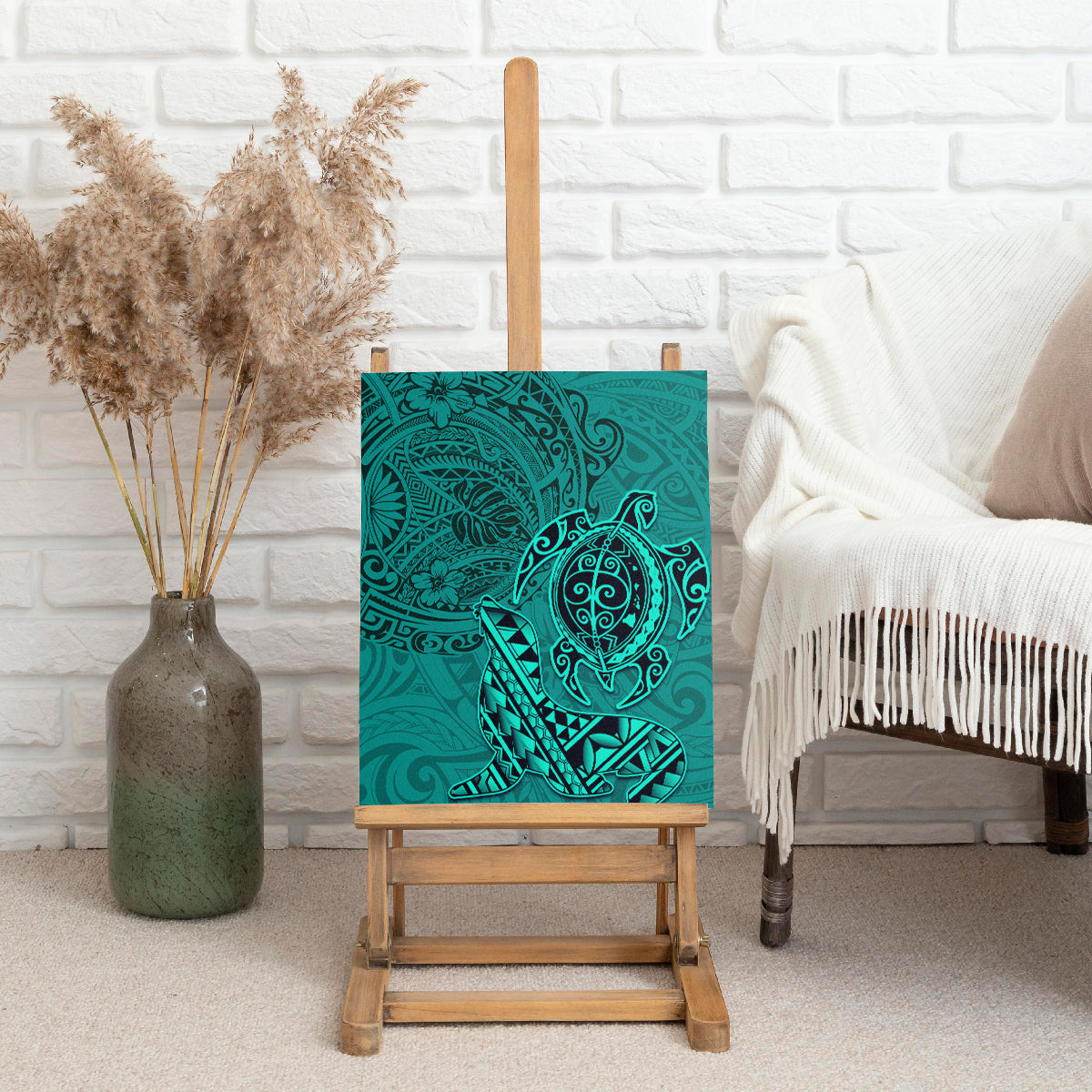 Hawaii Monk Seal and Dolphin Canvas Wall Art Polynesian Kakau Pattern Turquoise LT03 - Polynesian Pride