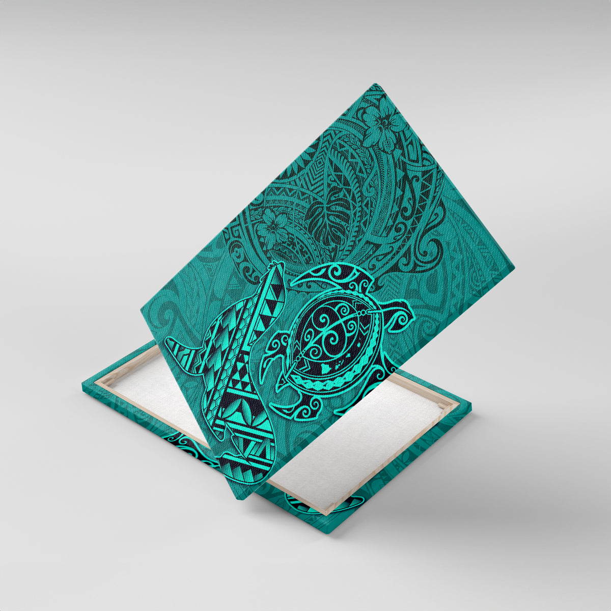 Hawaii Monk Seal and Dolphin Canvas Wall Art Polynesian Kakau Pattern Turquoise LT03 With Frame Turquoise - Polynesian Pride