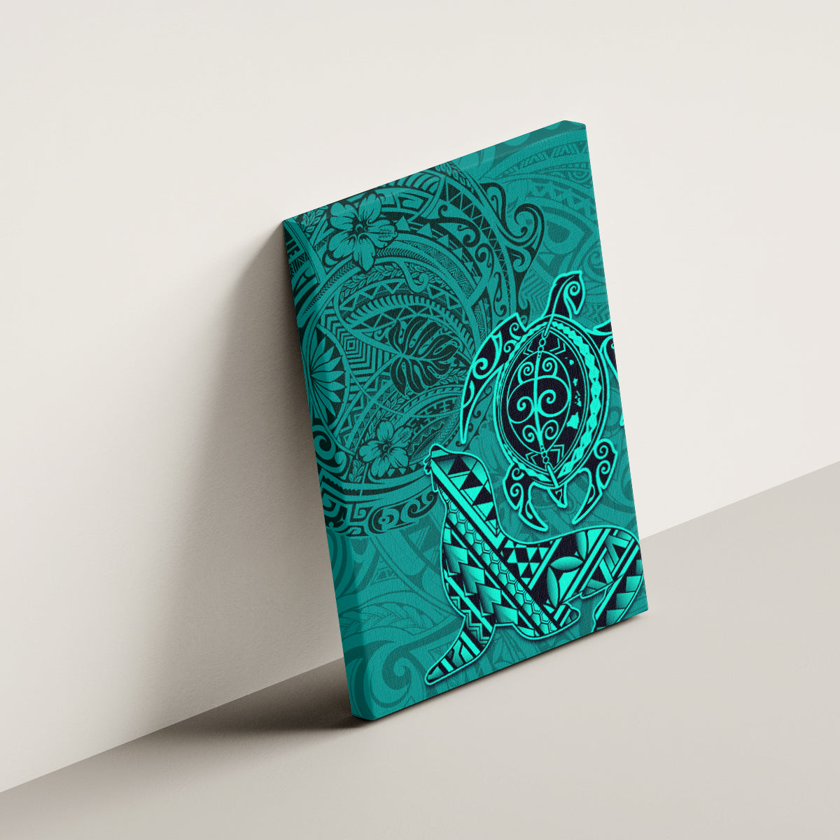 Hawaii Monk Seal and Dolphin Canvas Wall Art Polynesian Kakau Pattern Turquoise LT03 - Polynesian Pride