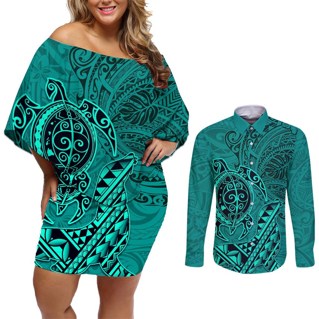 Hawaii Monk Seal and Dolphin Couples Matching Off Shoulder Short Dress and Long Sleeve Button Shirt Polynesian Kakau Pattern Turquoise LT03 Turquoise - Polynesian Pride