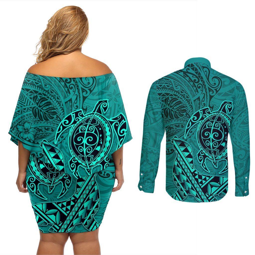 Hawaii Monk Seal and Dolphin Couples Matching Off Shoulder Short Dress and Long Sleeve Button Shirt Polynesian Kakau Pattern Turquoise LT03 - Polynesian Pride