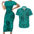 Hawaii Monk Seal and Dolphin Couples Matching Short Sleeve Bodycon Dress and Hawaiian Shirt Polynesian Kakau Pattern Turquoise